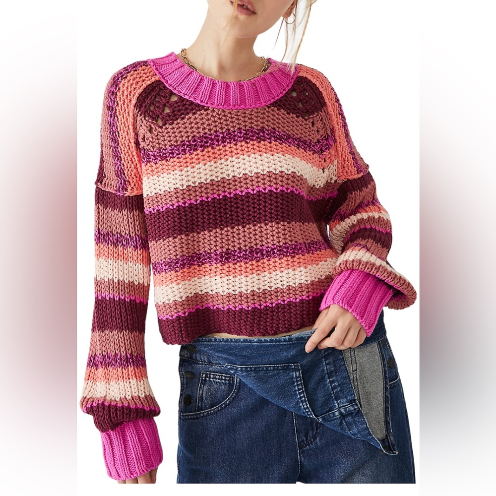 FREE PEOPLE Women’s Cropped Devon Sweater Fuchsia Rose Size: XS